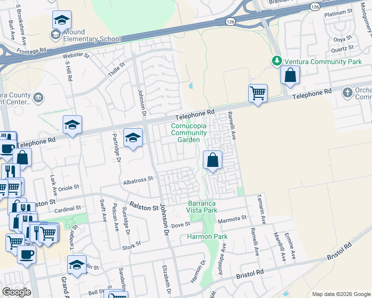 map of restaurants, bars, coffee shops, grocery stores, and more near 79 Roadrunner Drive in Ventura