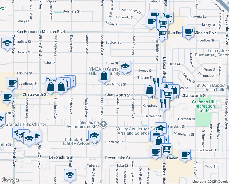 map of restaurants, bars, coffee shops, grocery stores, and more near 17211 Chatsworth Street in Los Angeles