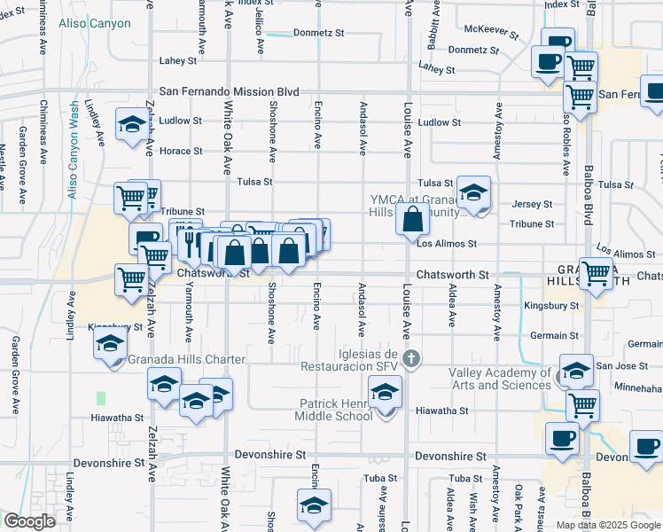 map of restaurants, bars, coffee shops, grocery stores, and more near 17436 Chatsworth Street in Los Angeles