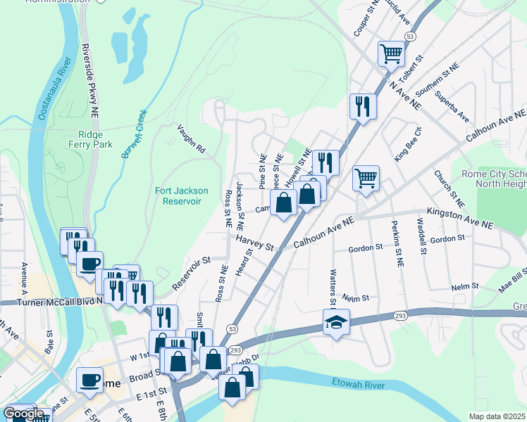 map of restaurants, bars, coffee shops, grocery stores, and more near 205 Camp Street Northeast in Rome