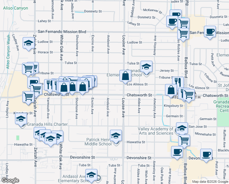 map of restaurants, bars, coffee shops, grocery stores, and more near 17331 Chatsworth Street in Los Angeles