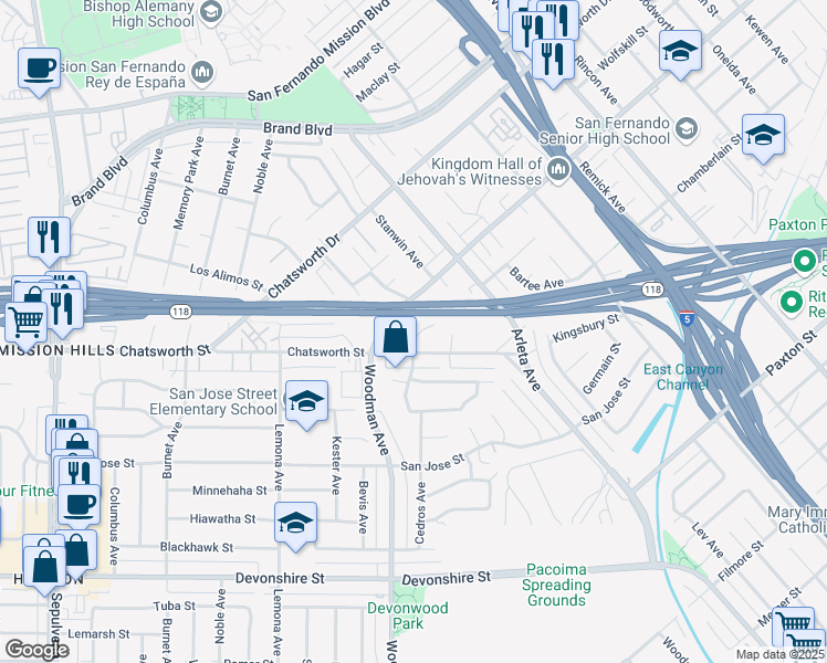 map of restaurants, bars, coffee shops, grocery stores, and more near 10721 Cedros Avenue in Los Angeles