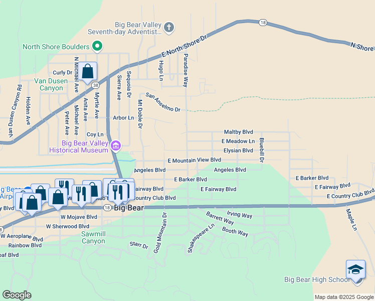 map of restaurants, bars, coffee shops, grocery stores, and more near San Bernardino National Forest in Big Bear