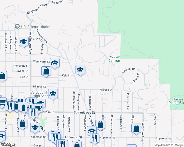 map of restaurants, bars, coffee shops, grocery stores, and more near 10787 Las Lunitas Avenue in Los Angeles