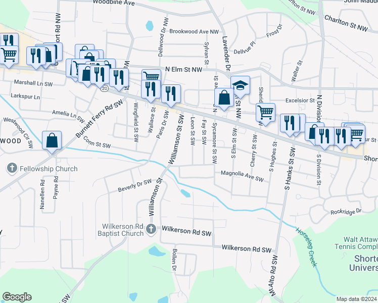 map of restaurants, bars, coffee shops, grocery stores, and more near 108 Leon Street Southwest in Rome