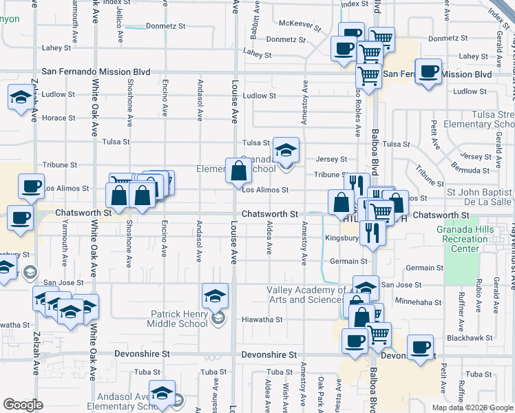 map of restaurants, bars, coffee shops, grocery stores, and more near 17221 Chatsworth Street in Los Angeles