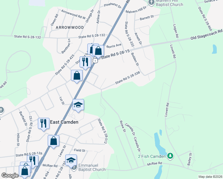 map of restaurants, bars, coffee shops, grocery stores, and more near 1512 Bradley Road in Camden