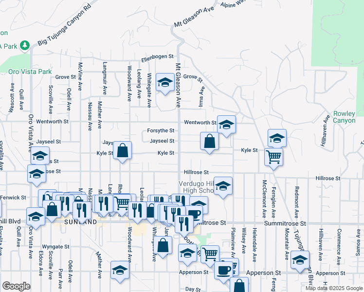 map of restaurants, bars, coffee shops, grocery stores, and more near 10802 Mount Gleason Avenue in Los Angeles