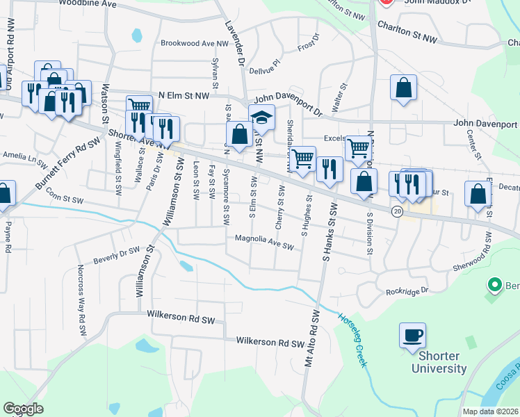 map of restaurants, bars, coffee shops, grocery stores, and more near 109 South Elm Street Southwest in Rome