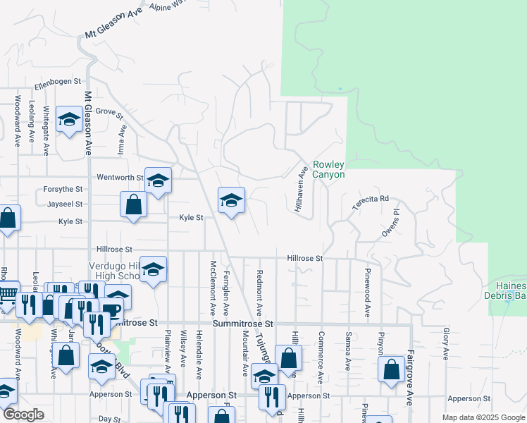 map of restaurants, bars, coffee shops, grocery stores, and more near 10768 Las Lunitas Avenue in Los Angeles
