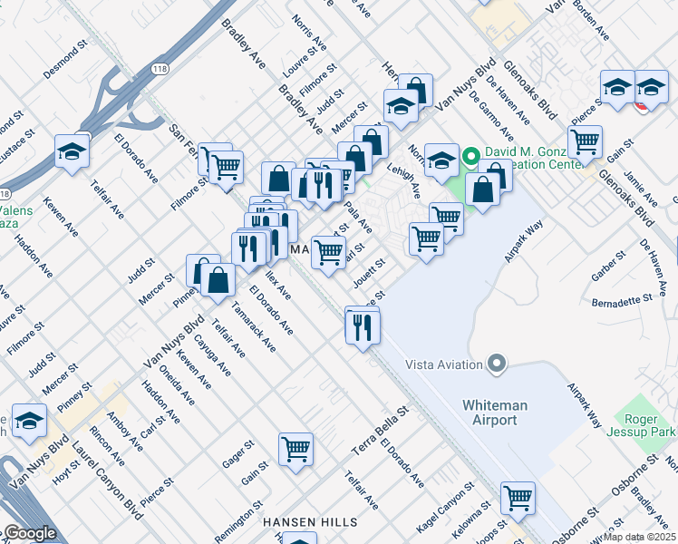 map of restaurants, bars, coffee shops, grocery stores, and more near 10700 Sutter Avenue in Los Angeles