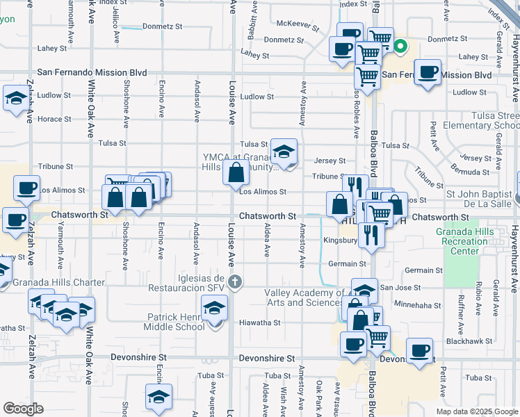 map of restaurants, bars, coffee shops, grocery stores, and more near 17204 Chatsworth Street in Los Angeles