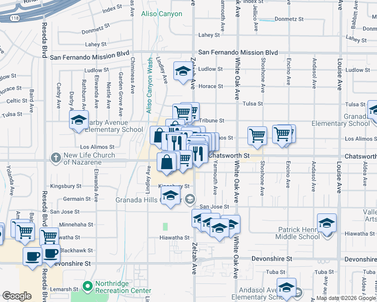 map of restaurants, bars, coffee shops, grocery stores, and more near 18080 Chatsworth Street in Los Angeles