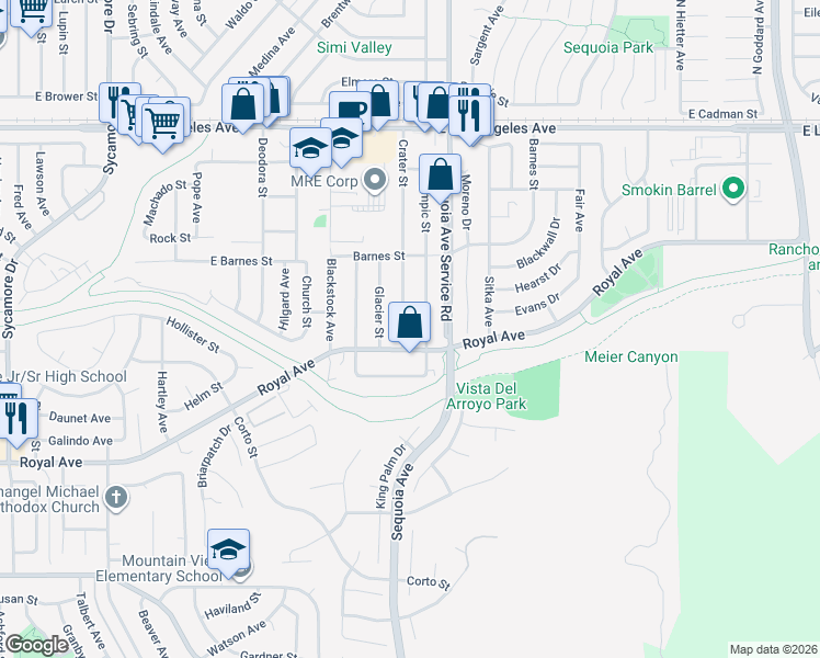 map of restaurants, bars, coffee shops, grocery stores, and more near 3340 Royal Avenue in Simi Valley