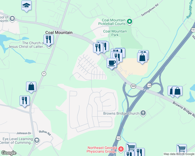 map of restaurants, bars, coffee shops, grocery stores, and more near 3850 Bridgetowne Drive in Cumming