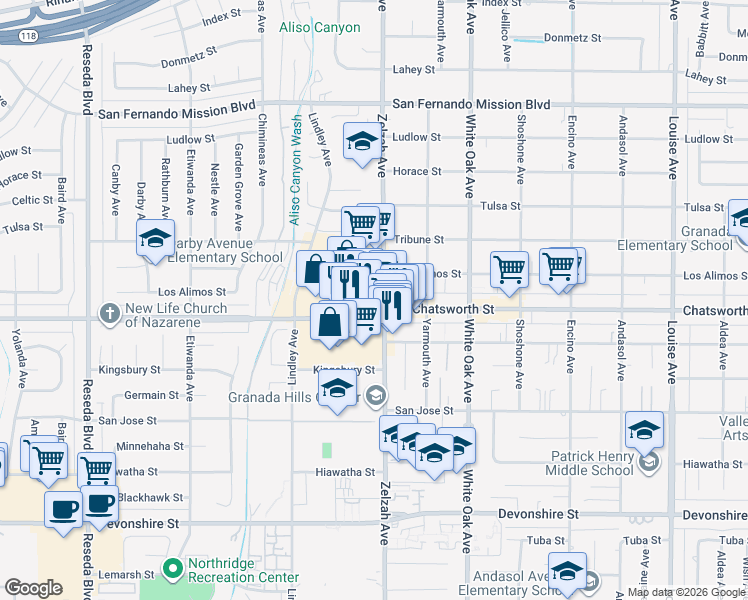 map of restaurants, bars, coffee shops, grocery stores, and more near 10801 Zelzah Avenue in Los Angeles