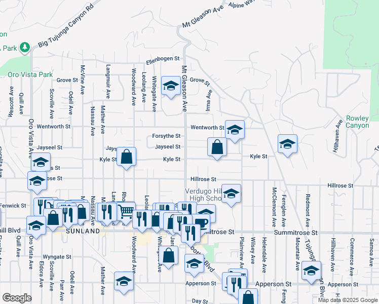 map of restaurants, bars, coffee shops, grocery stores, and more near 10800 Mount Gleason Avenue in Los Angeles