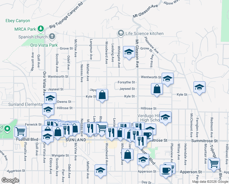 map of restaurants, bars, coffee shops, grocery stores, and more near 7947 Kyle Street in Los Angeles