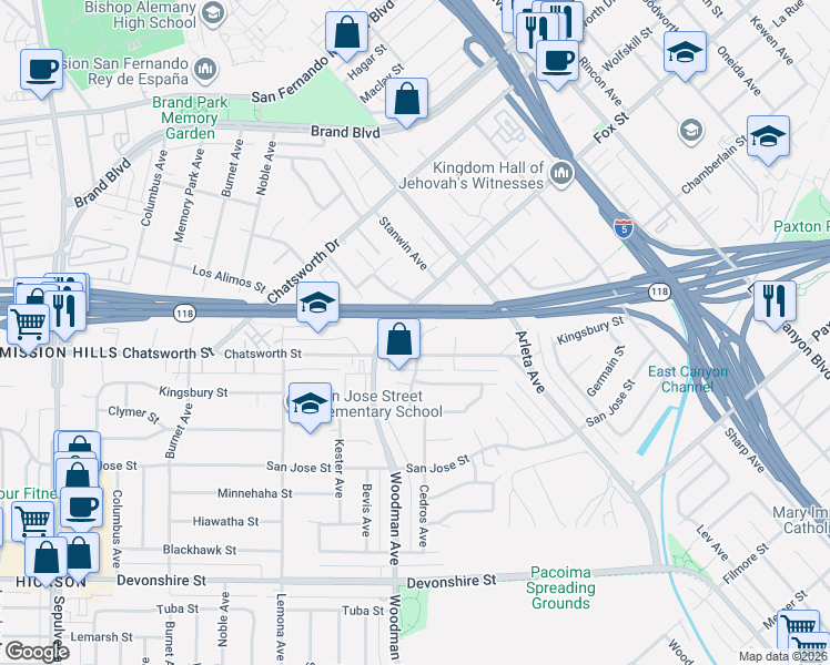 map of restaurants, bars, coffee shops, grocery stores, and more near 14746 Chatsworth Street in Los Angeles