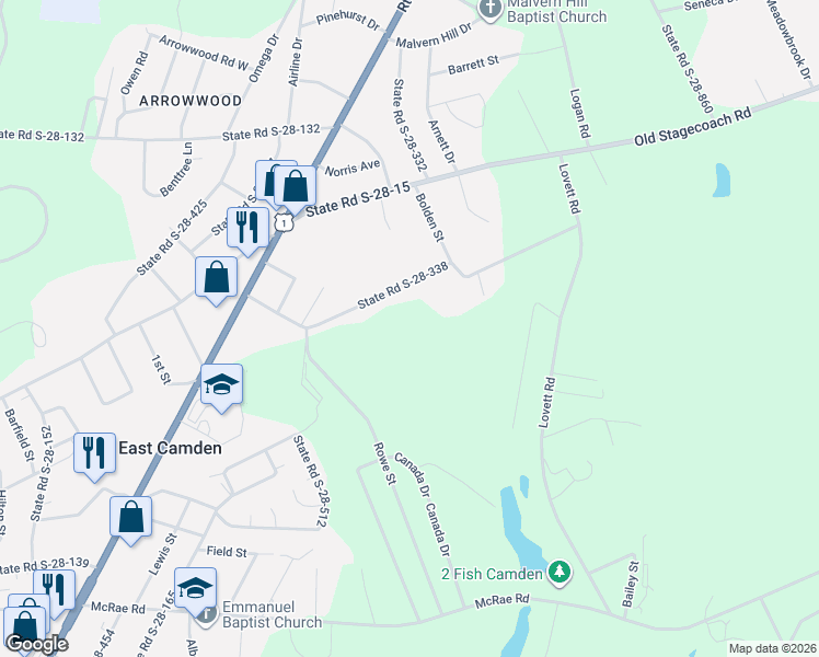 map of restaurants, bars, coffee shops, grocery stores, and more near 1516 Bradley Road in Camden