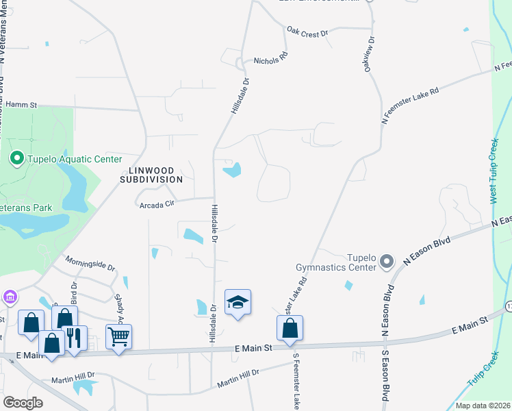 map of restaurants, bars, coffee shops, grocery stores, and more near 508 Hillsdale Drive in Tupelo