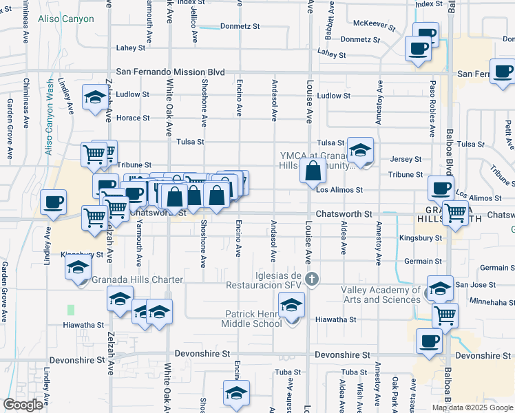 map of restaurants, bars, coffee shops, grocery stores, and more near 17402 Chatsworth Street in Los Angeles