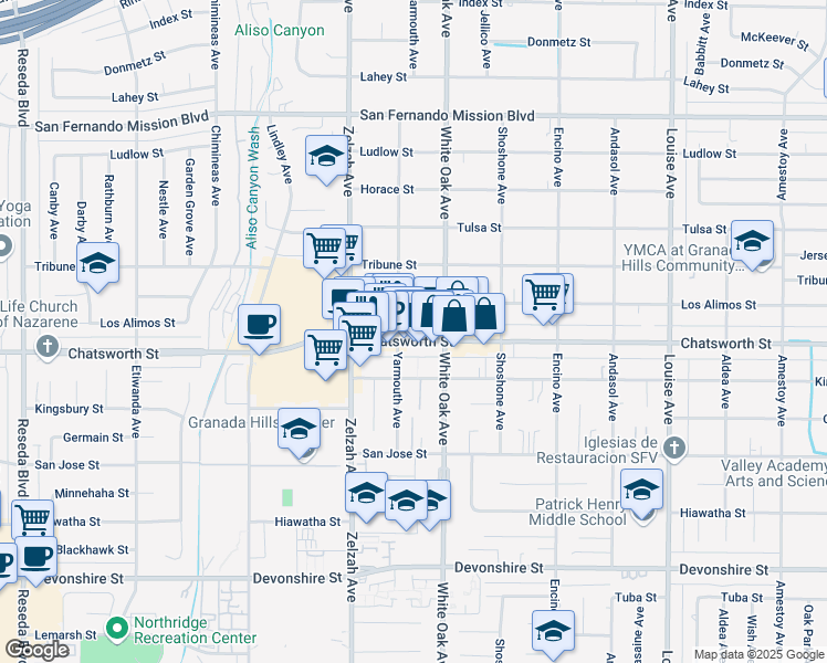 map of restaurants, bars, coffee shops, grocery stores, and more near 17734 Chatsworth Street in Los Angeles
