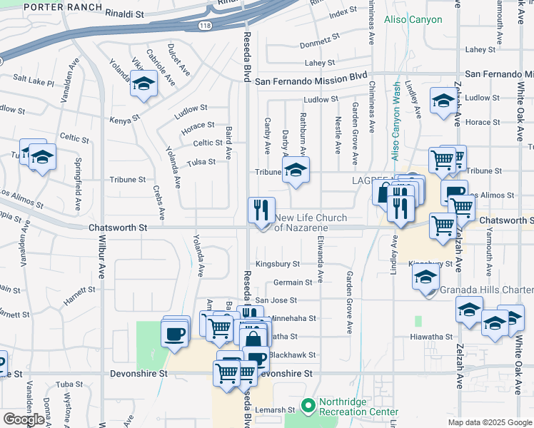 map of restaurants, bars, coffee shops, grocery stores, and more near 18438 Los Alimos Street in Los Angeles