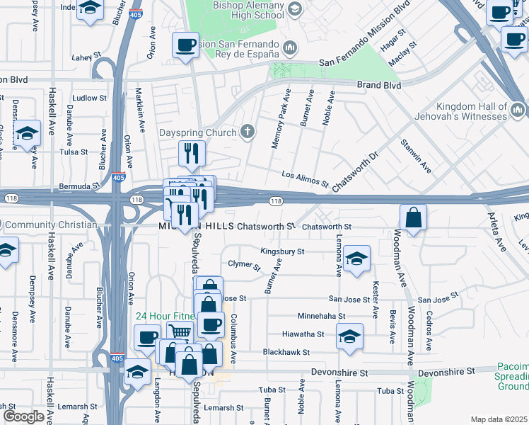 map of restaurants, bars, coffee shops, grocery stores, and more near 10724 Memory Park Avenue in Los Angeles