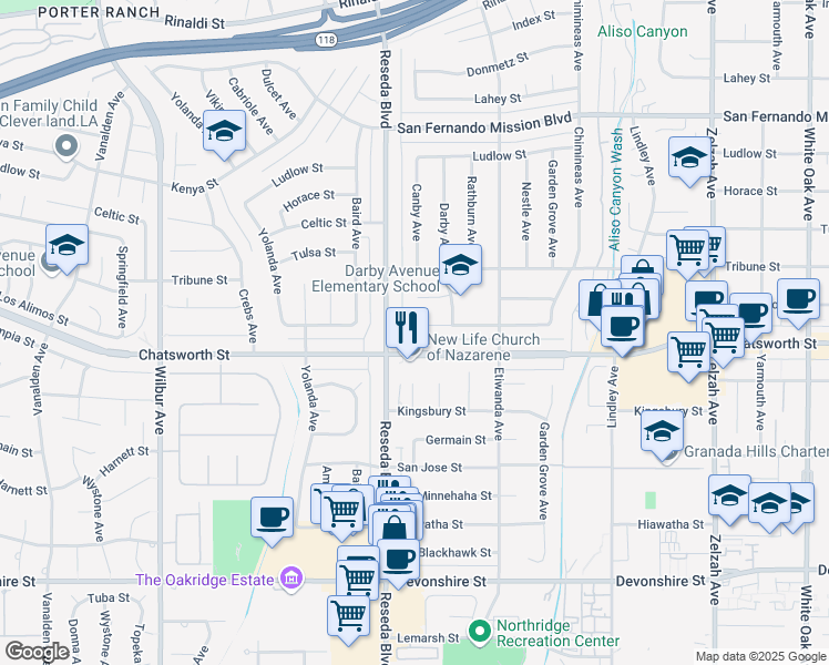 map of restaurants, bars, coffee shops, grocery stores, and more near 18438 Los Alimos Street in Los Angeles