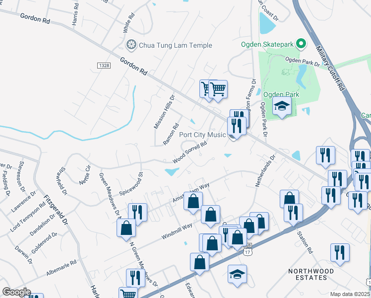 map of restaurants, bars, coffee shops, grocery stores, and more near 6726 Wood Sorrell Rd in Wilmington