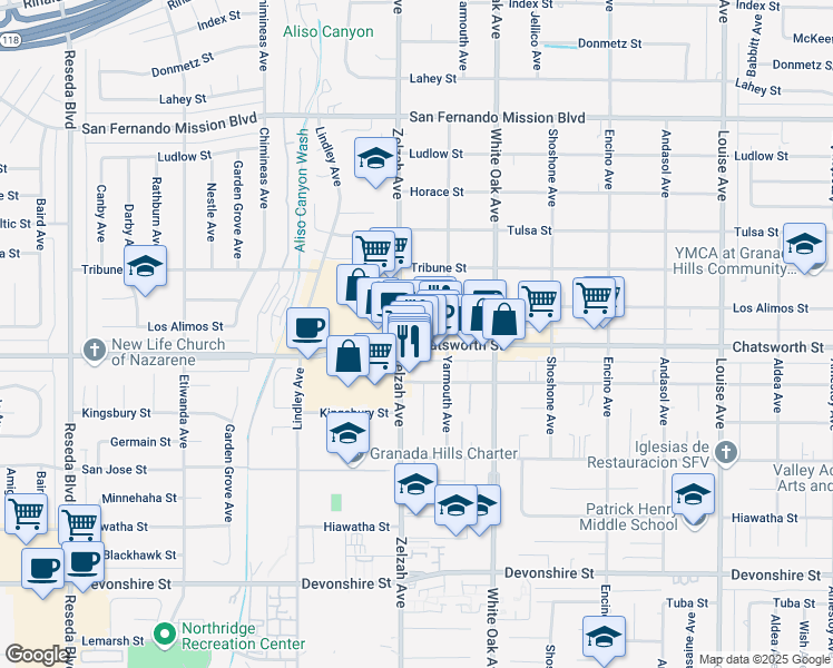 map of restaurants, bars, coffee shops, grocery stores, and more near 17833 Chatsworth Street in Los Angeles
