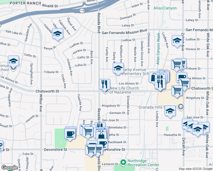 map of restaurants, bars, coffee shops, grocery stores, and more near 18419 Chatsworth Street in Los Angeles