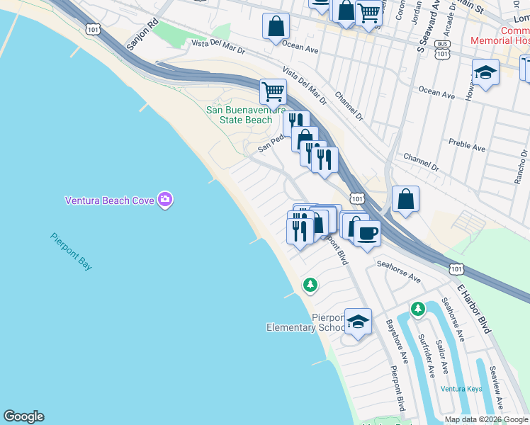 map of restaurants, bars, coffee shops, grocery stores, and more near 1132 Bangor Lane in Ventura