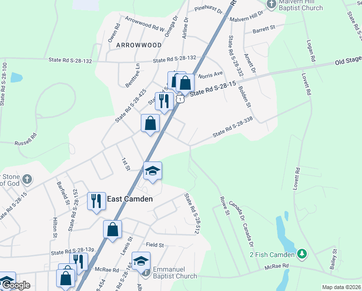 map of restaurants, bars, coffee shops, grocery stores, and more near 1314 Skyview Drive in Camden