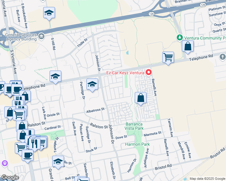 map of restaurants, bars, coffee shops, grocery stores, and more near 31 Flamingo Way in Ventura