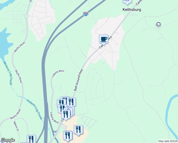 map of restaurants, bars, coffee shops, grocery stores, and more near 2024 Ball Ground Highway in Canton