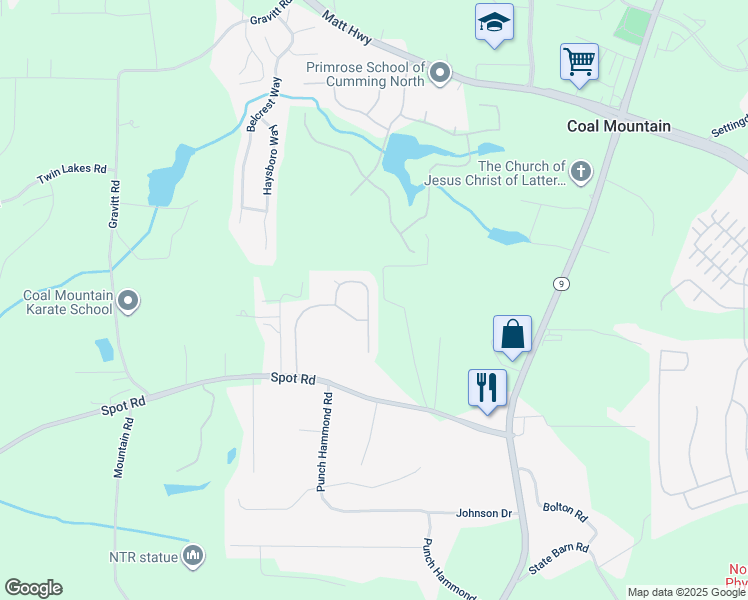 map of restaurants, bars, coffee shops, grocery stores, and more near 3365 Buffington Lane in Cumming