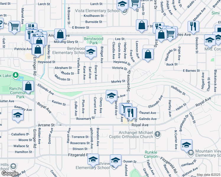 map of restaurants, bars, coffee shops, grocery stores, and more near 2782 Fallon Circle in Simi Valley