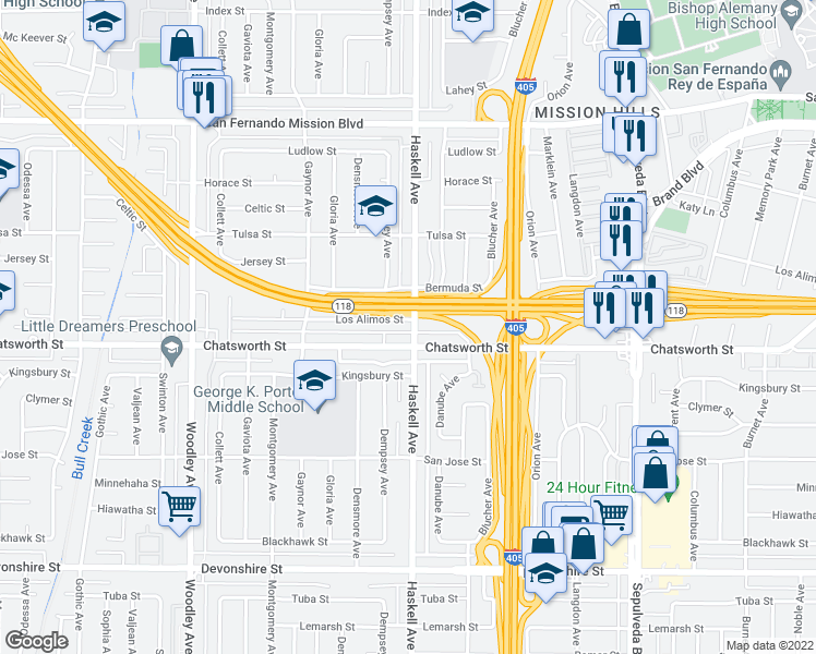 map of restaurants, bars, coffee shops, grocery stores, and more near 10717 Haskell Avenue in Granada Hills