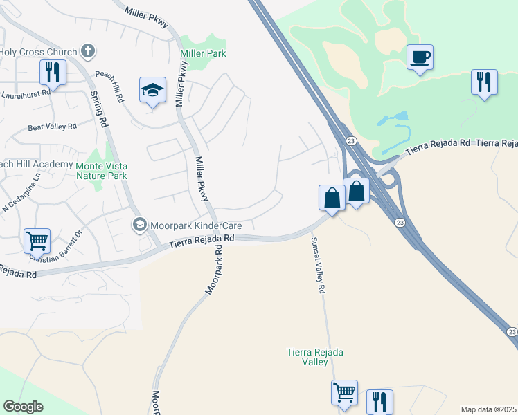 map of restaurants, bars, coffee shops, grocery stores, and more near 14478 Shawnee Street in Moorpark