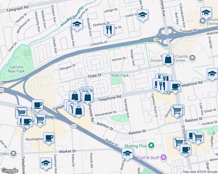 map of restaurants, bars, coffee shops, grocery stores, and more near 77 Gay Drive in Ventura
