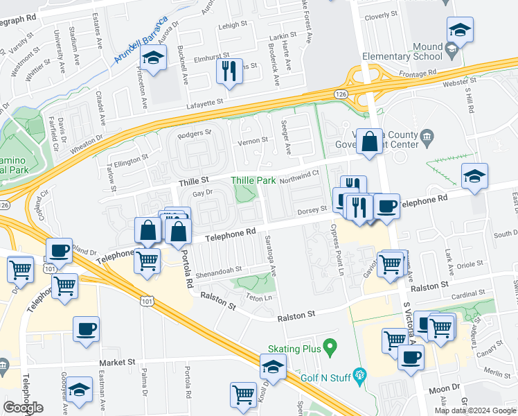 map of restaurants, bars, coffee shops, grocery stores, and more near 988 Holiday Avenue in Ventura