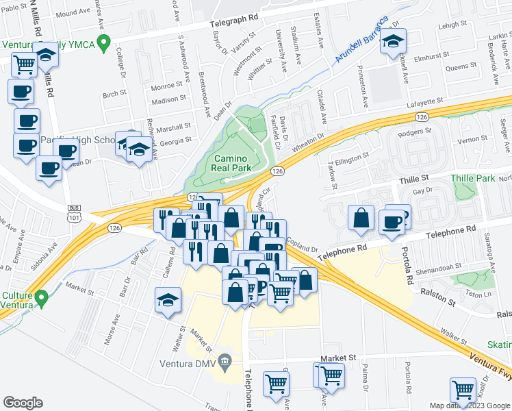 map of restaurants, bars, coffee shops, grocery stores, and more near 34 Copland Circle in Ventura
