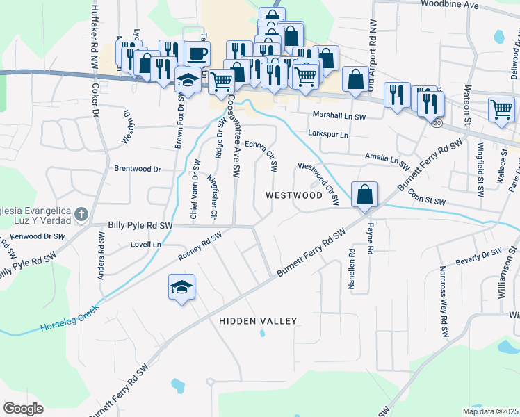 map of restaurants, bars, coffee shops, grocery stores, and more near 129 John Ross Drive Southwest in Rome