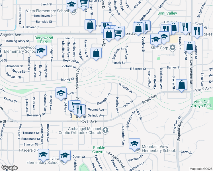 map of restaurants, bars, coffee shops, grocery stores, and more near 2782 Fallon Circle in Simi Valley