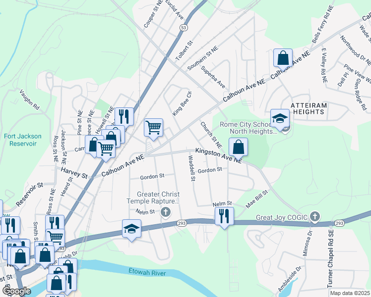 map of restaurants, bars, coffee shops, grocery stores, and more near 313 Kingston Avenue Northeast in Rome
