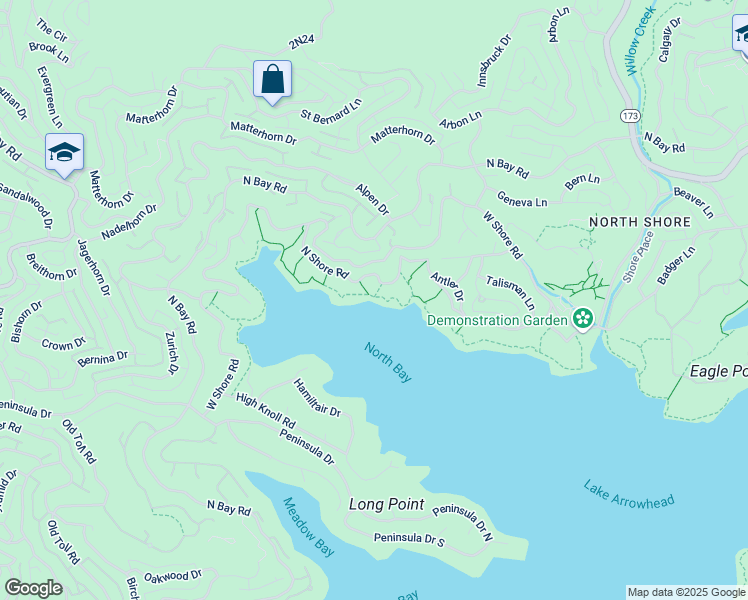 map of restaurants, bars, coffee shops, grocery stores, and more near 27870 North Shore Road in Lake Arrowhead