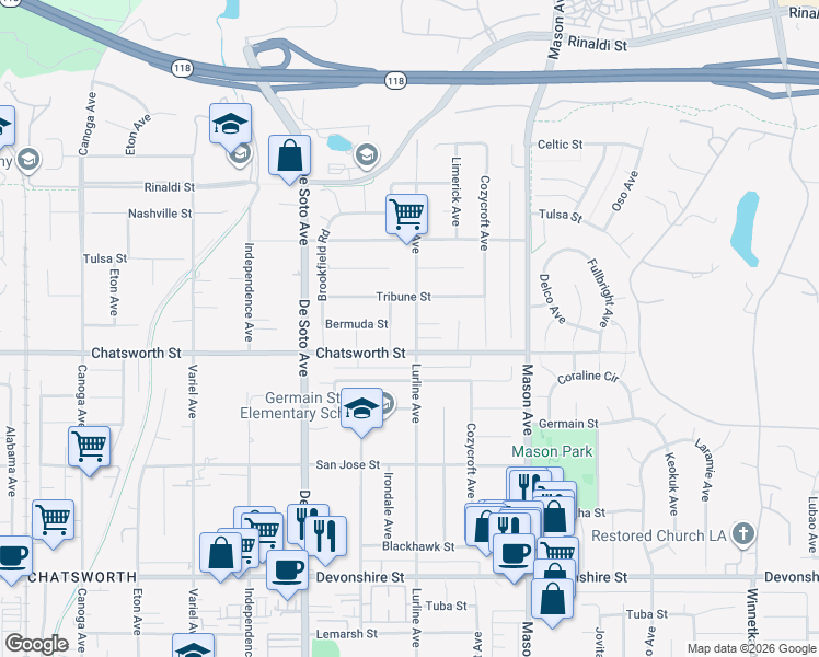 map of restaurants, bars, coffee shops, grocery stores, and more near 20656 Tribune Street in Los Angeles
