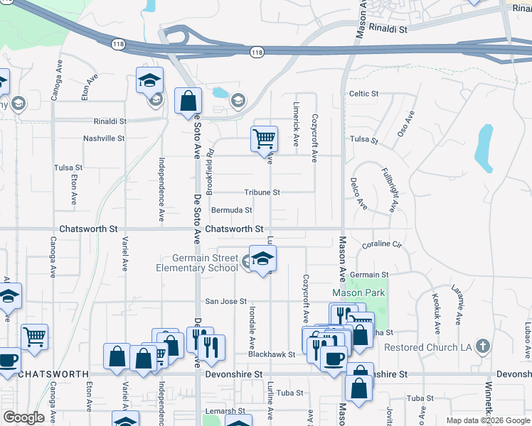 map of restaurants, bars, coffee shops, grocery stores, and more near 20656 Tribune Street in Los Angeles